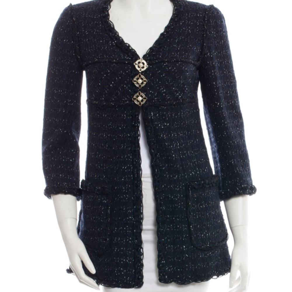 CHANEL Navy Blue Tweed Jacket Size 38